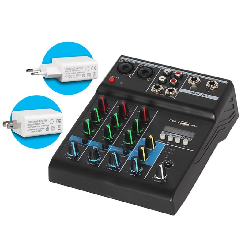 Audio Mixer 4 Channels Bluetooth Sound Mixing Console for Karaoke KTV with USB Sound Card Sound Effects