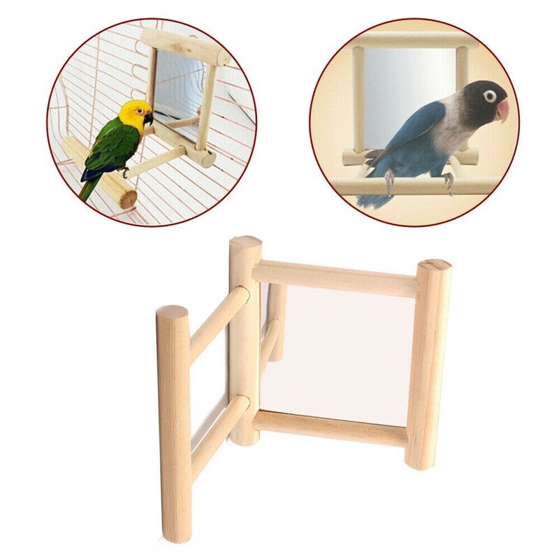 Espejo de madera para mascotas, juguete de juego con perca para loros, periquitos, cacatúas, Conure, pinzones, pájaros amorosos, accesorios, 1 unidad