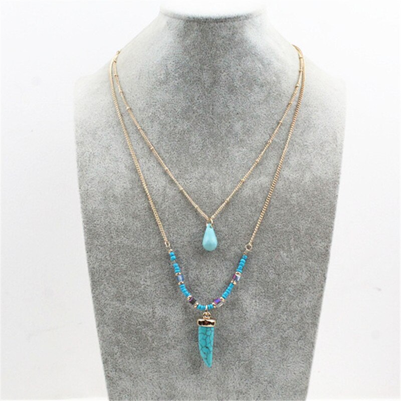 XIALUOKE Bohemia Acrylic Stone Pendant Double Necklace For Women Retro Blue Glass Tassel Sweater Chain Jewelry