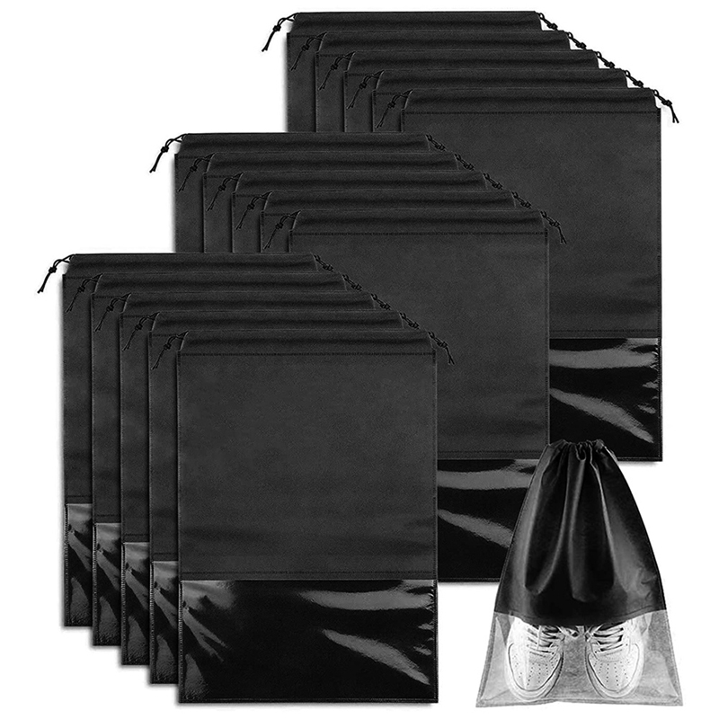 Bolsa de zapatos de viaje, organizador de ahorro de espacio con cordón, bolsas para almacenar calzado, no tejidas, a prueba de polvo, 15 Uds.: Negro