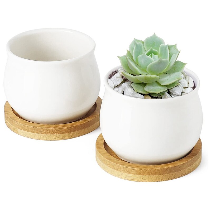 KBNIAN 2 Stuks Ronde Bamboe Plantenbak Schotels – 20 Cm – Stevig & Waterdicht – Met Verhoogde Rand – Voor Binnen En Buiten – Ook Te Gebruiken Als Serveerblad Of Opbergbak