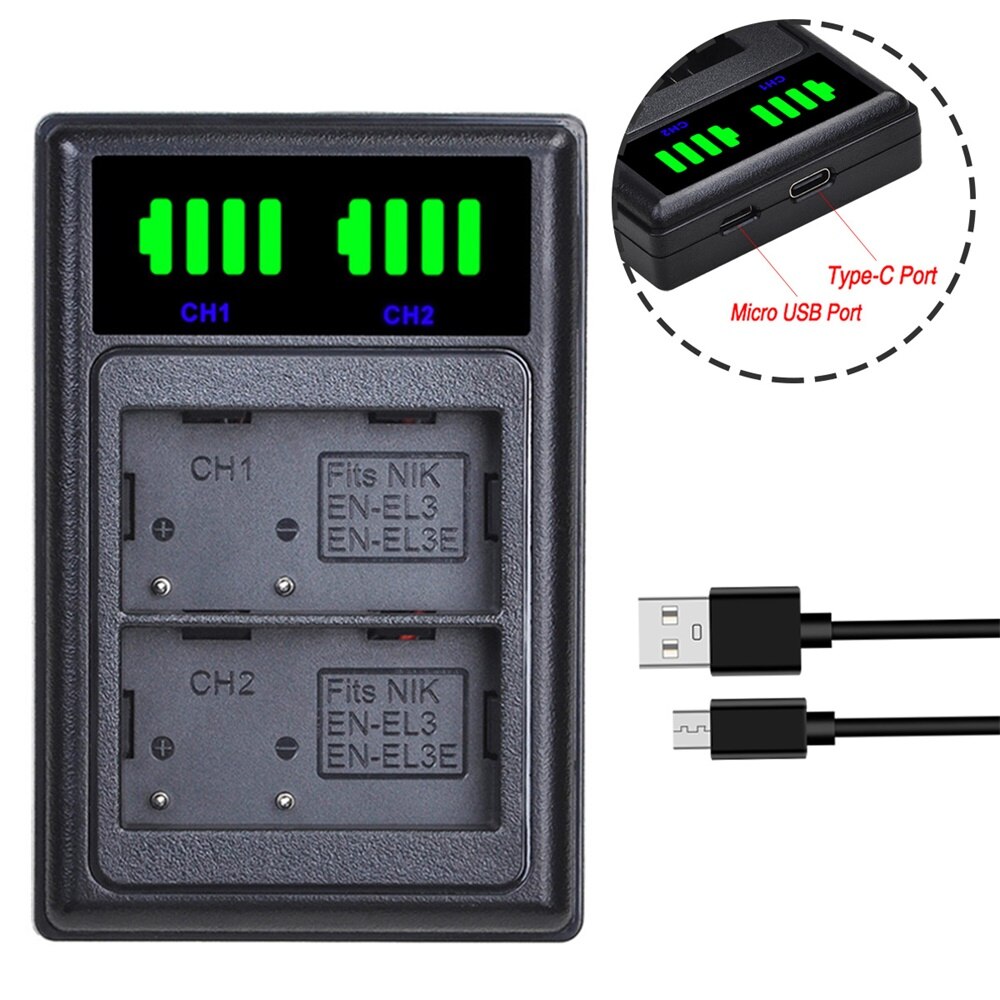 EN-EL3e EN EL3E EL3 Battery + LED Dual USB Charger for Nikon D50, D70, D70s, D80, D90, D100, D200, D300, D300S, D700 Camera: 1 charger