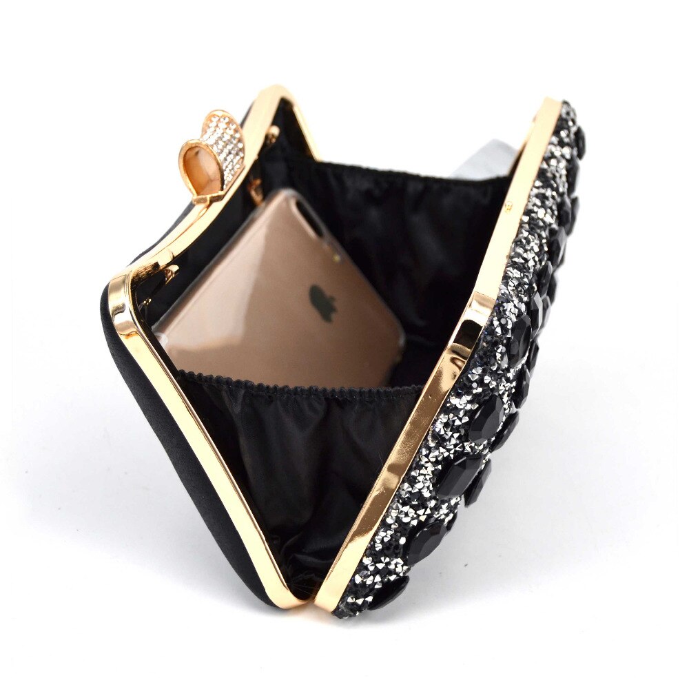 Mode Goedkope Glans Steen Avondtasje Bruiloft Soiree Bridal Zilver Zwart Clutch Purse Met Ketting Handtassen Vrouwelijke Pochette Packet
