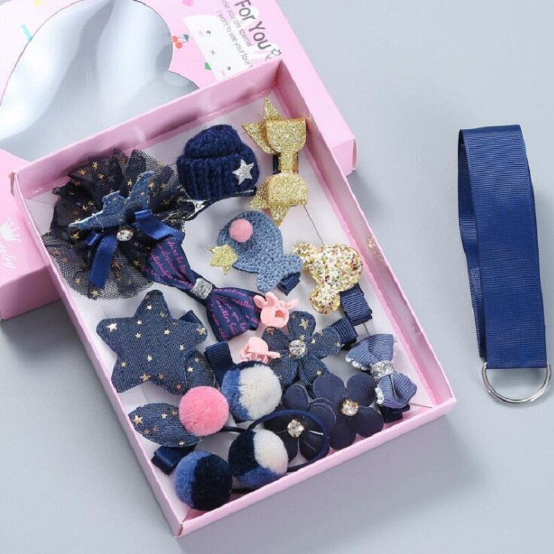 18 st baby hårklämma söt tecknad glitter kanin prinsessa krona hårspänne huvudbonad band rosett hårnålar blomma håraccessoarer: Marinblå box 6