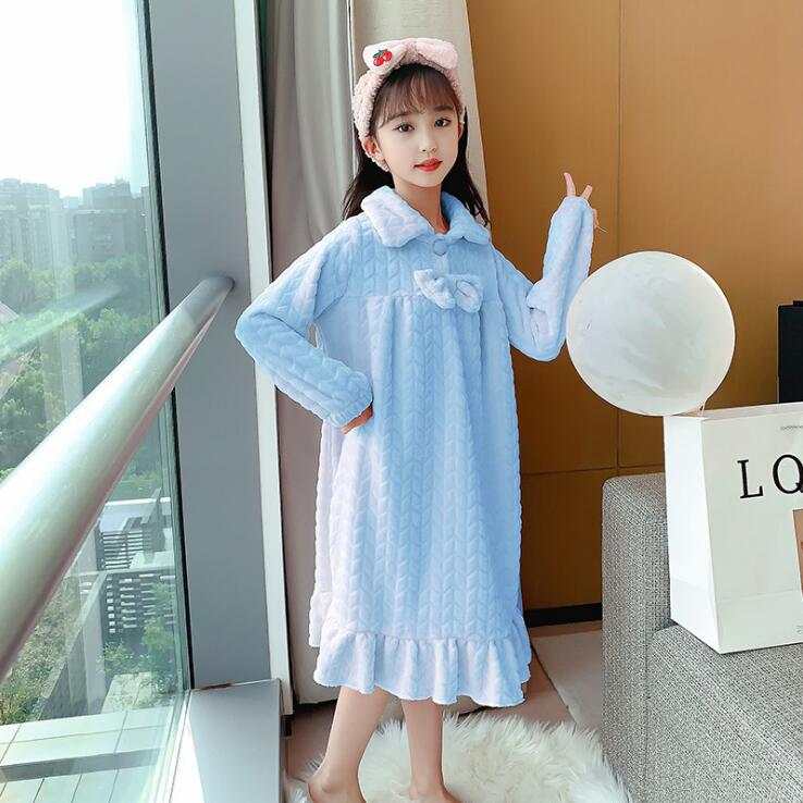 Meisjes Pyjama Jurk Herfst Winter Baby Meisjes Roze Blauw Flanel Boog Pyjama Jurken Meisje Thuis Nachtkleding Jurk Kinderen Kleding: Blauw / 170
