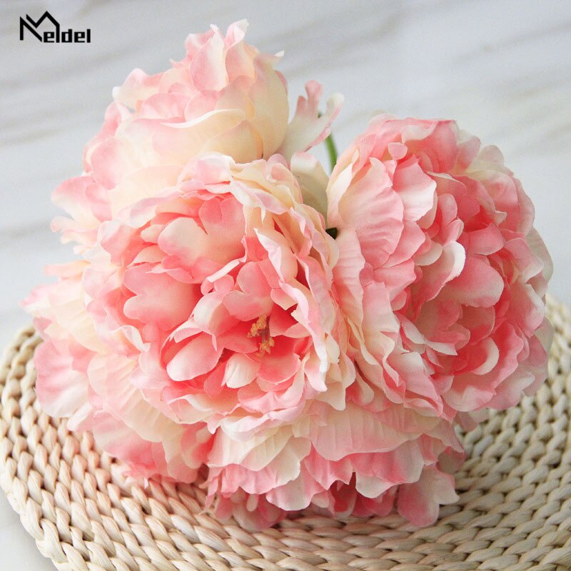 Meldel Pioen Boeket Bruidsmeisje Bruiloft Bloem Boeket Kunstzijde Bloemen 5 Hoofden Pioen Bloemstuk Home Decorations: deep-pink