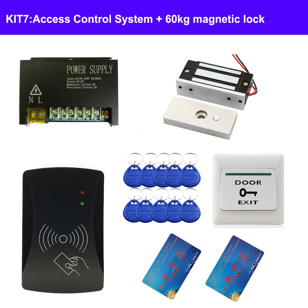 completed door access control system kit power supply+electric lock+exit button+10pcs ID key cards 2000 users IR remote switch: KIT7