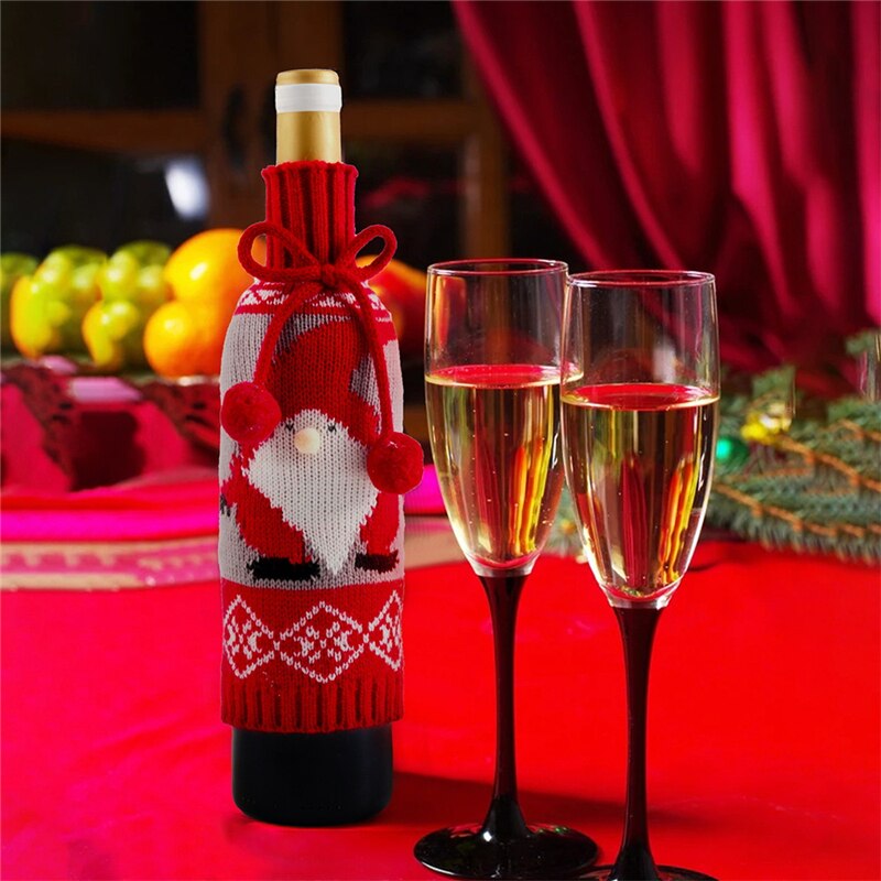 haar Ball Bogen Wein Flasche Hülse Elch Alten Mann Schneemann Gestrickte Rotwein Hülse Dekoration Ornamente