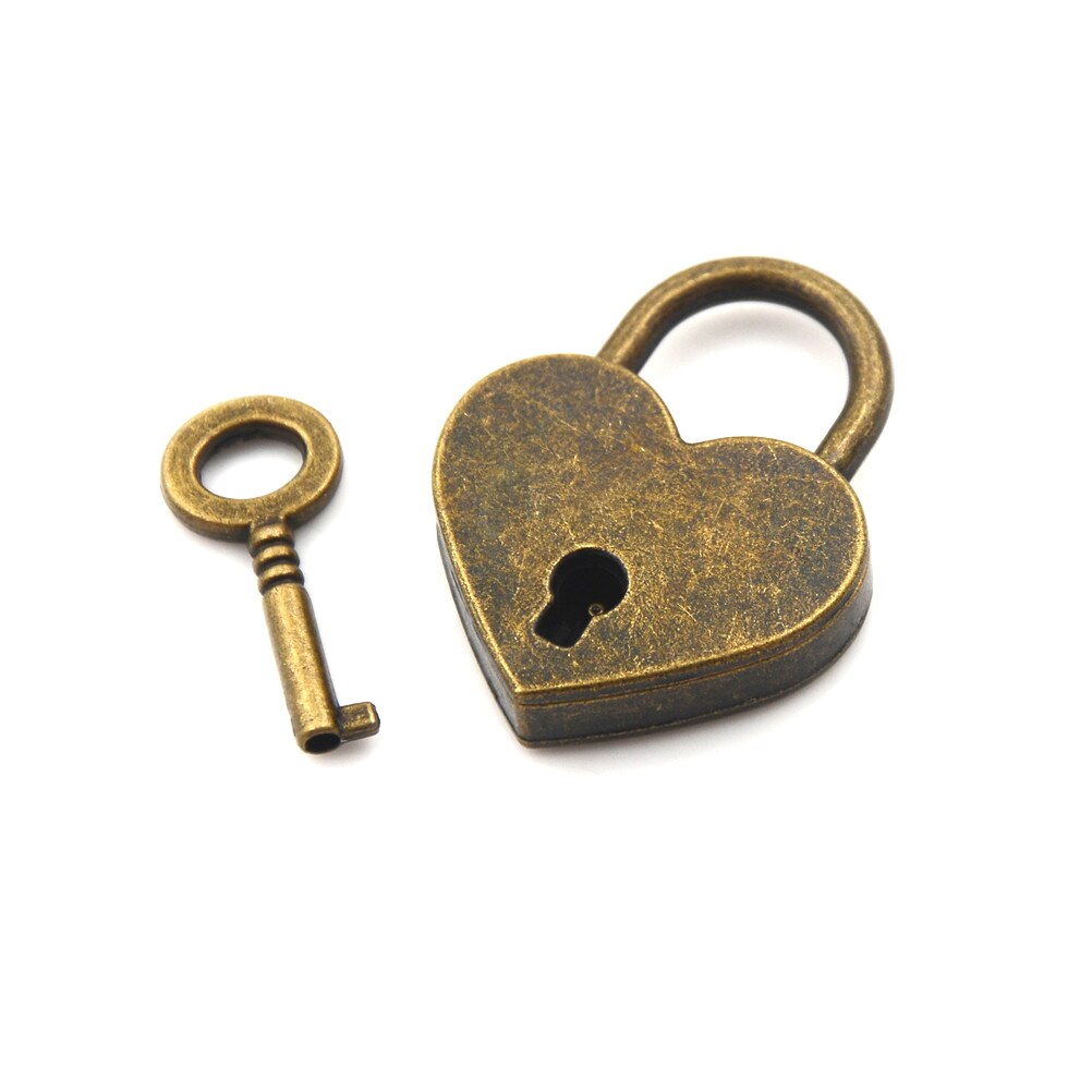 Mini hængelås kærlighed hjerte form hængelås lille bagage taske lås med nøgler zink legering kuffert skab hardware sæt: Bronze farve