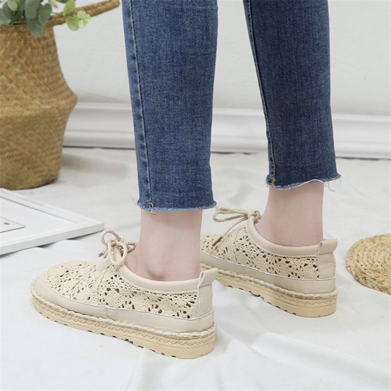 COOTELILI – chaussures plates respirantes à lacets pour femmes, Oxfords ajouré, bout rond, blanc, Beige