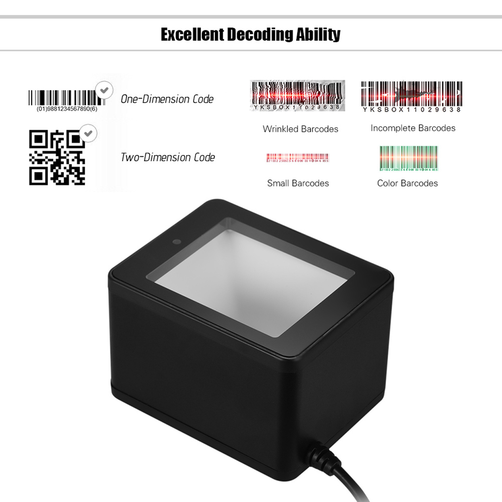 YHD-9800 Desktop 1D/2D/Qr Barcode Scanner Usb Bedrade Bar Code Reader Cmos Hand-Gratis Voor mobiele Betaling
