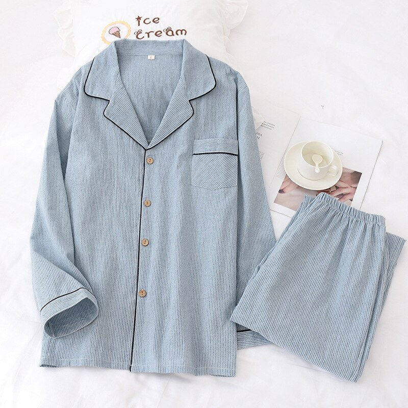 Nowa bawełniana i lniana męska pled koszula nocna z długim rękawem skręcić w dół kołnierz grzywny dorywczo mężczyzn bielizna nocna ekologiczny materiał zestaw piżamy: cyan thin strip / XL