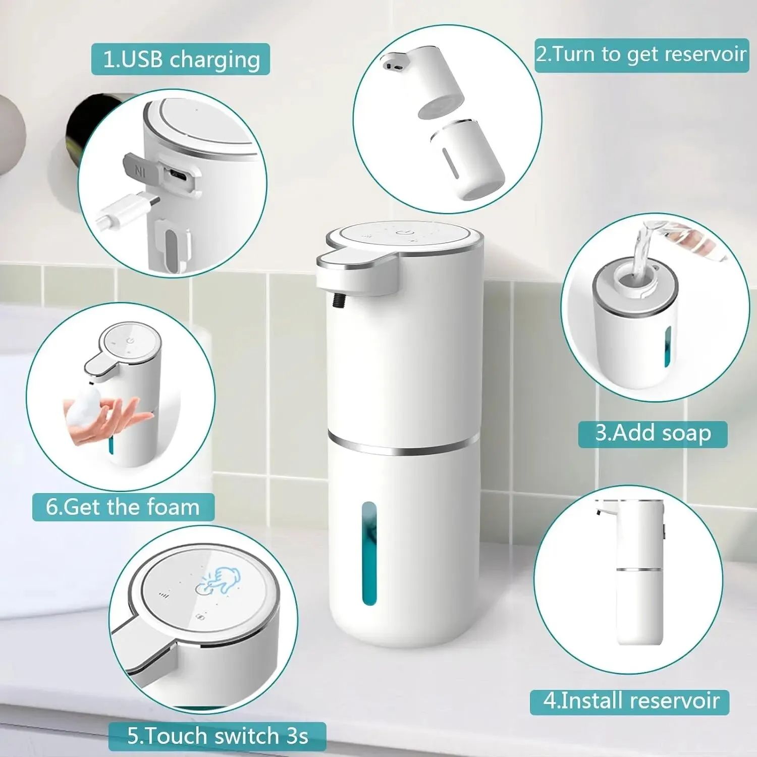Distributeur automatique de savon moussant sans contact, 380ml, Rechargeable par USB, électrique, 4 niveaux réglables