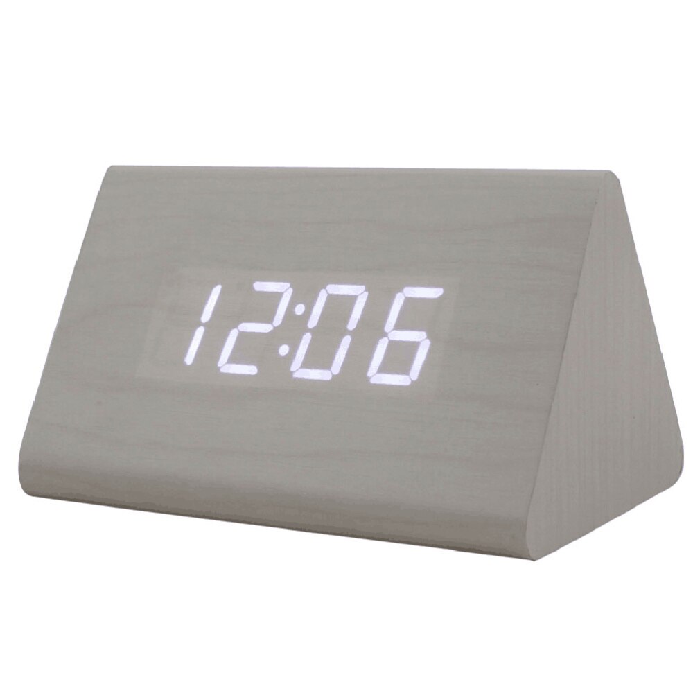 Moderne trekantet led træ vækkeur klassisk digital lydkontrol skrivebord ur termometer (sort træ og hvidt lys): Hvid