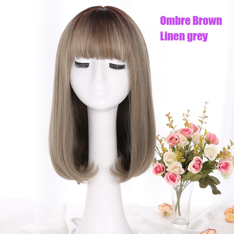 Yiyaobess, estilo coreano, peluca sintética de pelo medio largo de Bob con flequillo, raíces oscuras, pelo Ombre, lino, gris, pelucas de mujer rectas naturales: Brown Linen grey