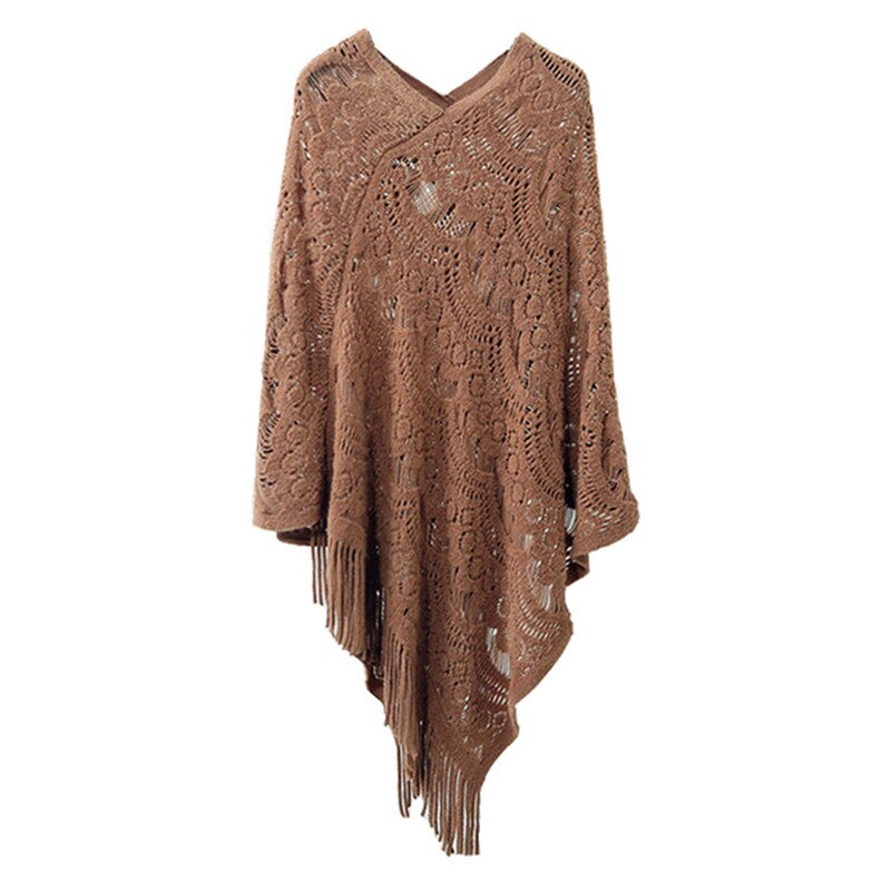 Artguy koselig, lett, heklet, kantet kantstrikket genser med poncho cape sjal: Kaffe