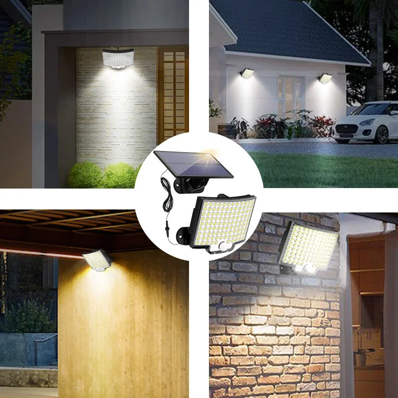 Luz de movimiento Solar de 106 LED, Panel separado para exteriores, luces de inundación solares, 4 modos de trabajo para luces de pared impermeables para jardín y garaje
