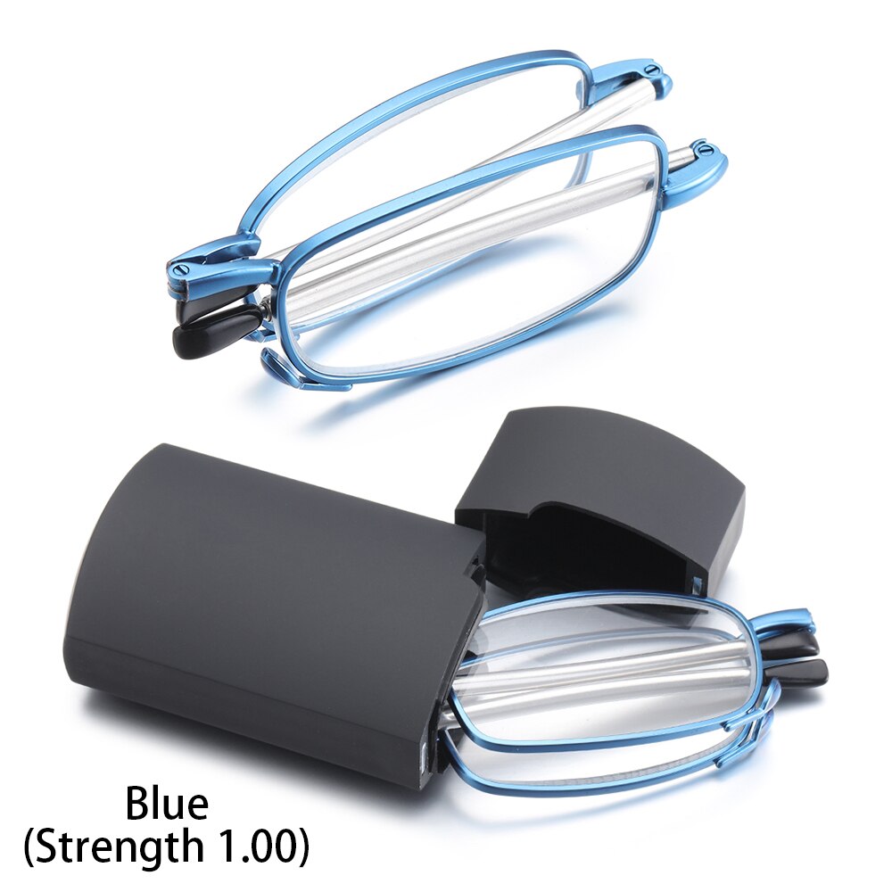Men Women MINI Reading Glasses Folding Small Glasses Frame Black Metal Glasses Includes Original Case +1.0-4.0: Blue (Strength 1.00)