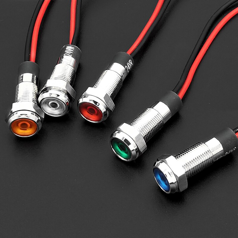 10pcs 6mm Flat head LED Metal Indicator light waterproof Signal lamp 3V 5V 6V 12V 24V 220v with wire red yellow blue green white