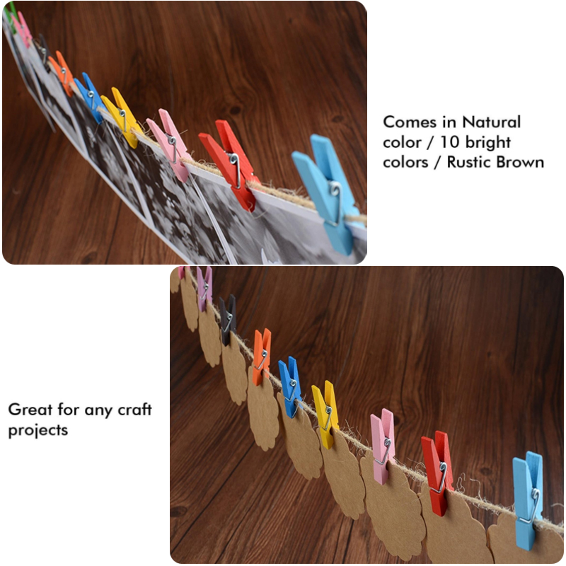 50/100 mini klesklyper i tre , , 1- cm små treklyper, hamptau til fotovegger og gjør-det-selv-håndverk.