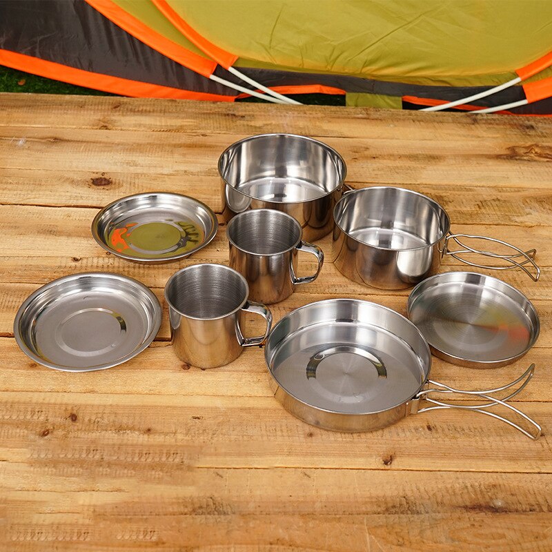 Juego de ollas de acero inoxidable para cocina, juego de ollas de cocina, plato, taza de agua para Picnic al aire libre, Camping, escalada, 8 Uds.