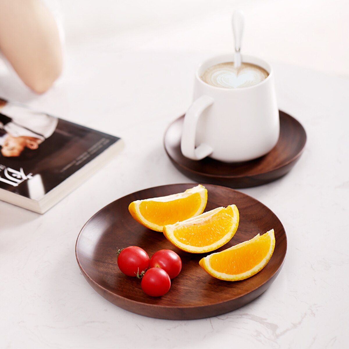 Acacia and Walnut Dinner Plates, Round Solid Wood Plates, Stackable Dinner Plates, Natural tableware dining for Dishes Snack