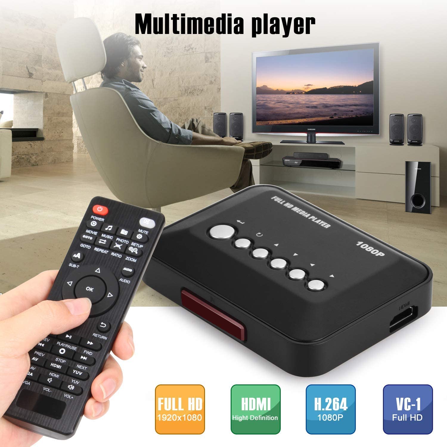 1080P FULL HD Media Player Multimedia TV Player with HDMI / YPbPr / AV Output, USB/SD Ports with Remote Control for MP3 AVI RMV