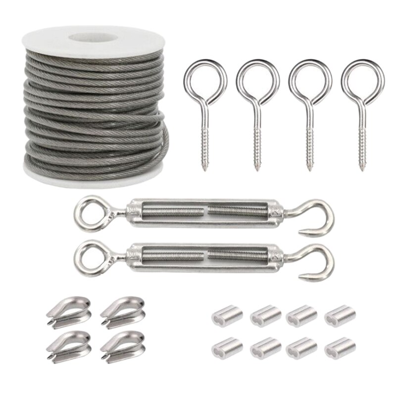 Garden Wire Rope/Outdoor String Light Suspension Kit,15M 3mm Stainless Steel Cable Rope with Clips Tensioner Turnbuckles: Default Title