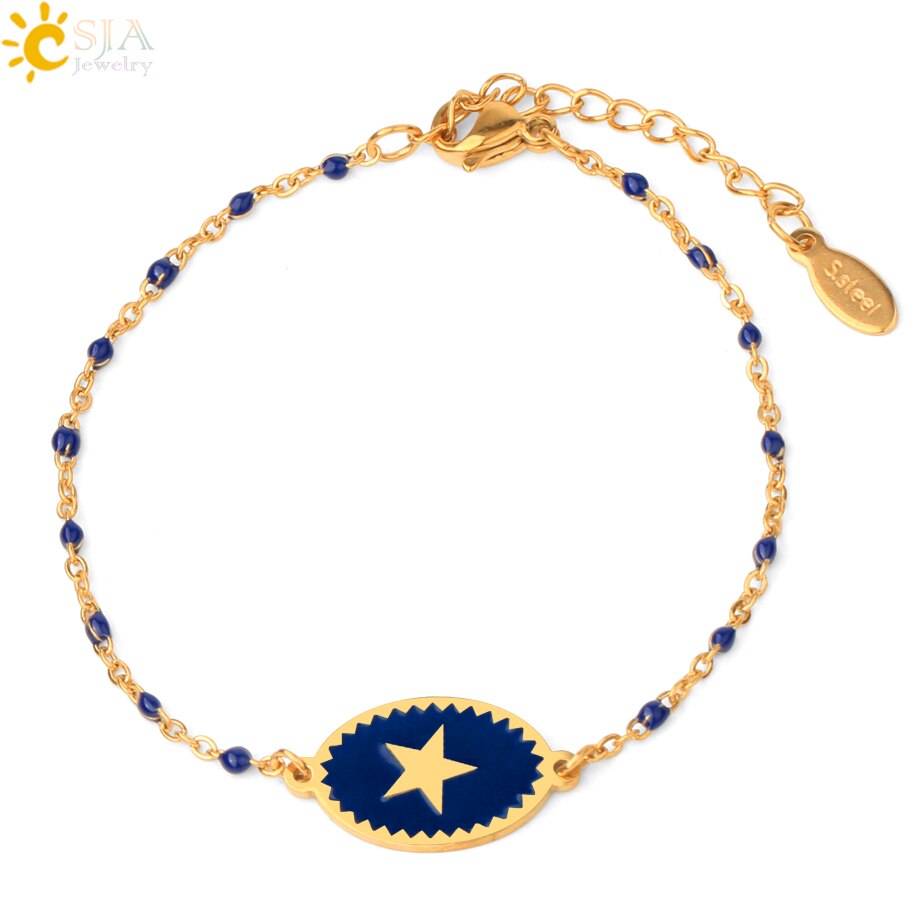 CSJA, pulsera de acero inoxidable para mujer, colgante de estrella esmaltada, cadena de eslabones de Color dorado con cuentas, delicado Delgado, pulseras Inoxydable Acier S718