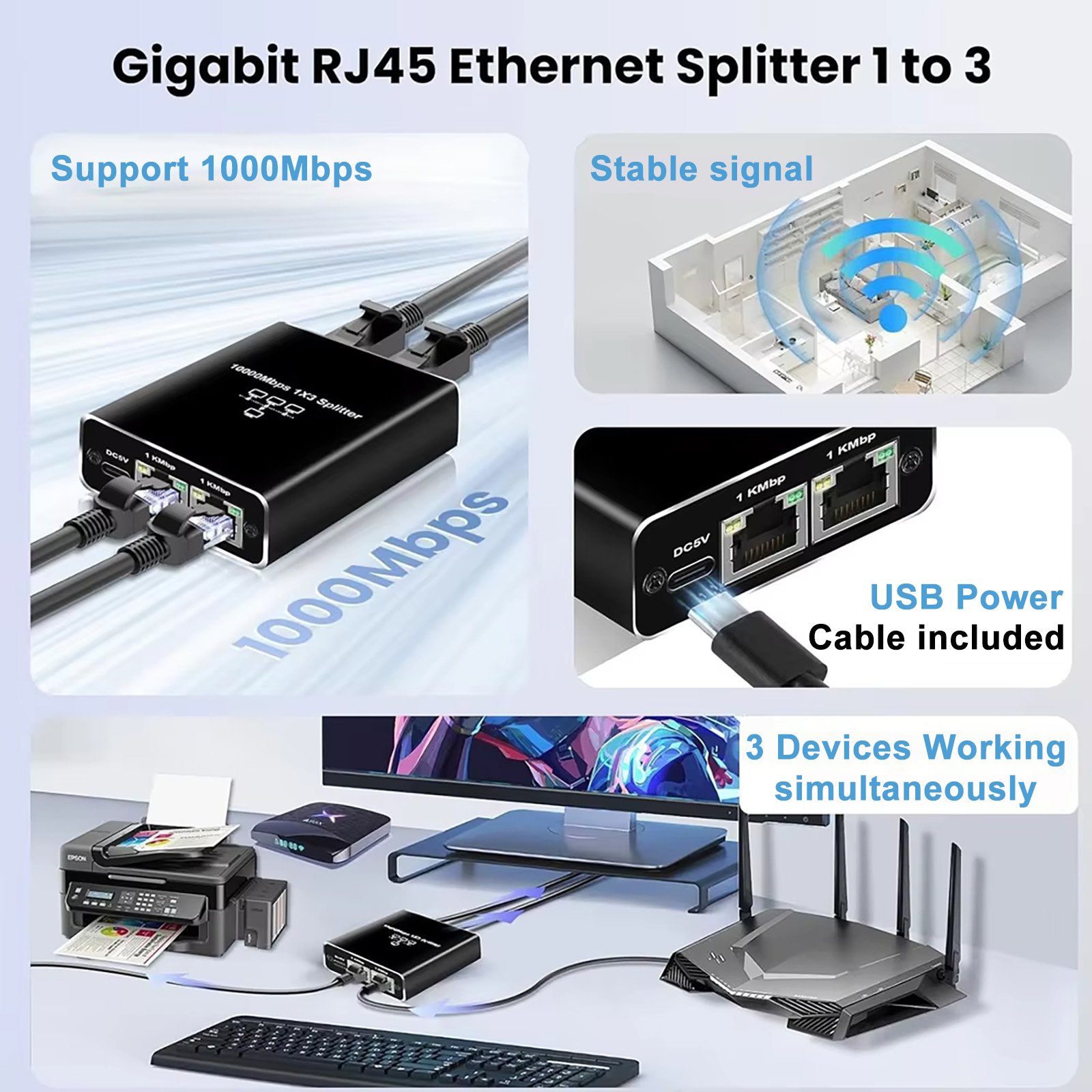 Gigabit 1000mbps rj45 divisor 1 a 2 4 adaptador ethernet lan conector interruptor acoplador para pc portátil tv box roteador tv digital