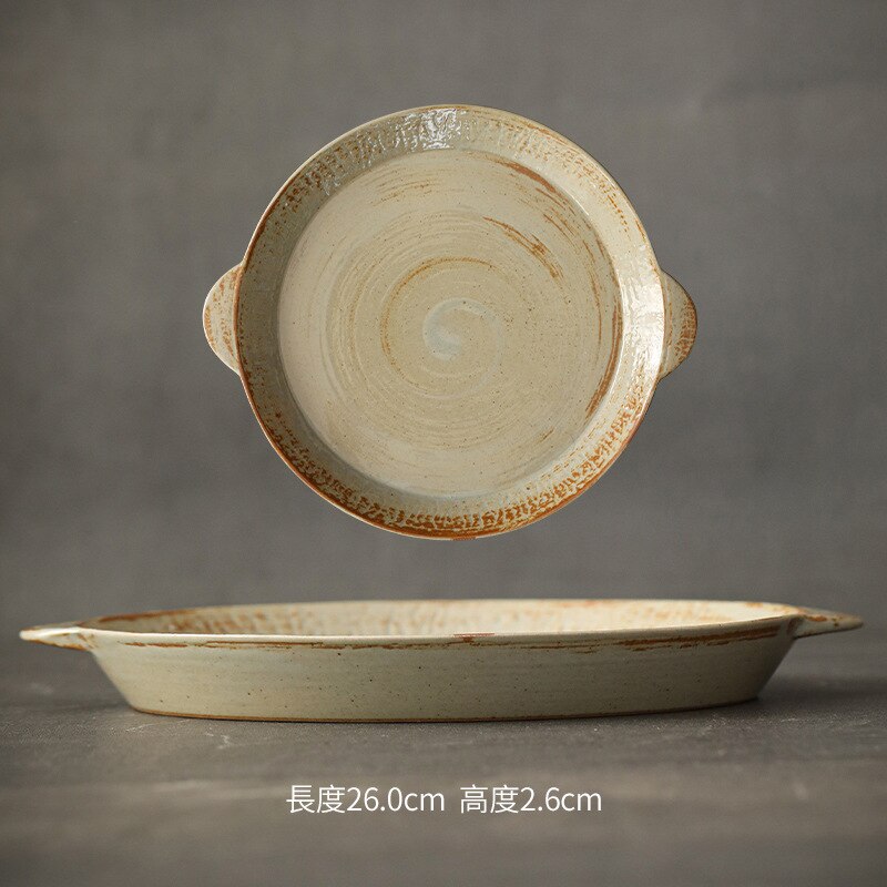 Japanese Retro Ceramic Tableware Rough Pottery Pasta Shallow Plate Binaural Steak Plate Home Salad Cooking Western Plate: B big size