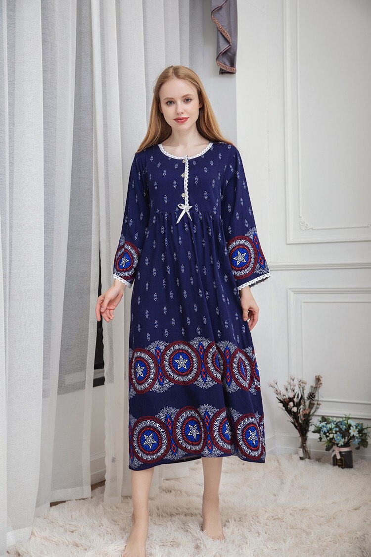 Lente Sleepdress Vrouwen Katoen Lange Mouw Losse Nachtjapon Ademend Zachte Homewear Nachtkleding Nachthemd Lange Thuis Kleding Vrouwen: Blue / L