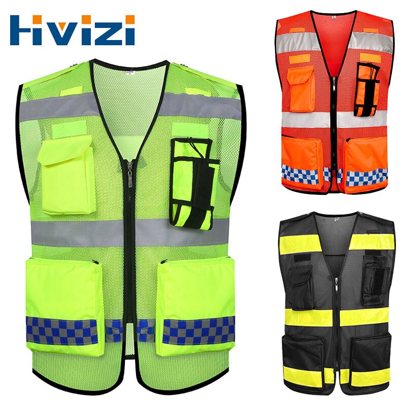 Multi-Pockets Reflective Safety Zipper Front Vest High Visibility ANSI Class Plus Size S-4XL