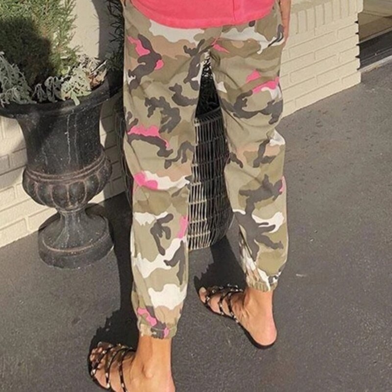 Grijs Camouflage Print Hoge Elastische Taille Volledige Lengte Camo Cargo Broek Vrouwen Kleding Joggingbroek Casual Losse Broek