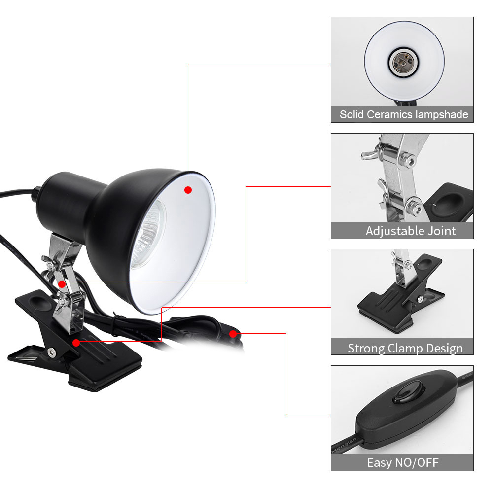 25W 50W 75W Reptile Heat Lamp Tortoise Heat Lamp Basking Lamp Heater Adjustable with Clip for Reptiles Aquarium Bulb Included