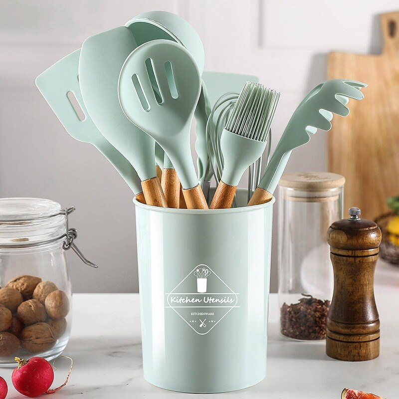 1Pc Silicone Cooking Kitchen Utensils Set Non-Stick Spatula Shovel Wooden Handle Cooking Tools Set Storage Box Kitchen Tool Set