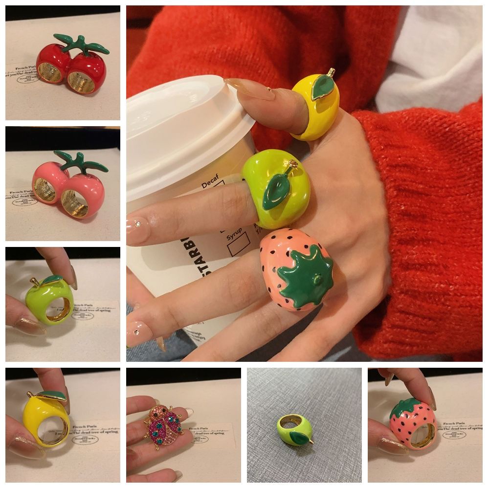 Unique Strawberry Drip Oil Ring Lemon Dripping Oil Painting Ring Korean Style Cherry Fruit Enamel Ring