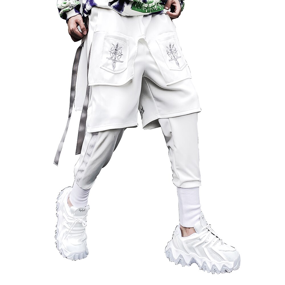 Joggers Hip Hop pantalones de carga cinta de retazos suelto ropa de calle con cintura elástica Harajuku pantalones función Otoño de: S / Blanco