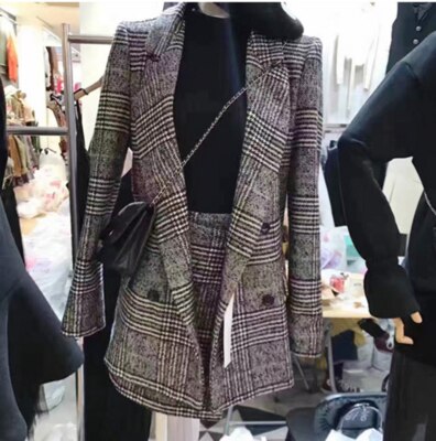2 chaquetas de Otoño de manga larga abrigo de tela escocesa faldas de tweed conjunto de traje de dos piezas de talla grande