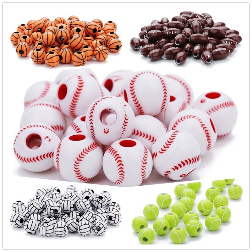 100 stk akryl baseball volleyball rugby tennis basketball perler 12mm sports ponni ball spacer perler smykkefremstilling