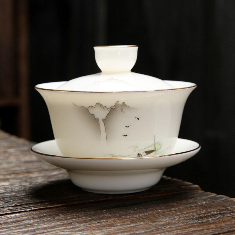 Bol couvert en Jade gras de mouton, porcelaine blanche de couleur surémaillée, Kung Fu, service à thé, service à thé en céramique,: 01 10.2x8.5cm 140ml
