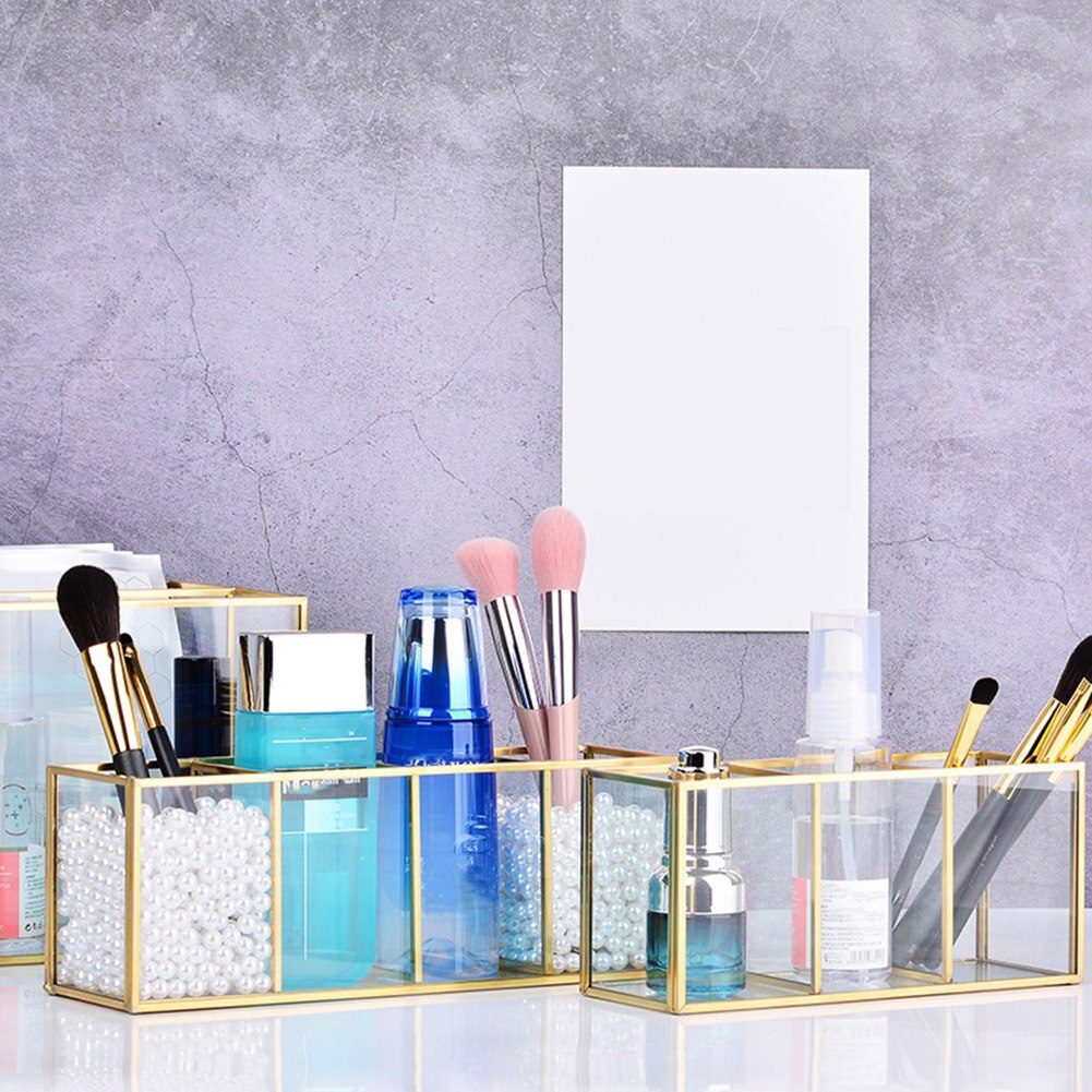 Gennemsigtig glas makeup børste opbevaringsboks guld kosmetik beholder ring blyant læbestift holder make up børster organisator