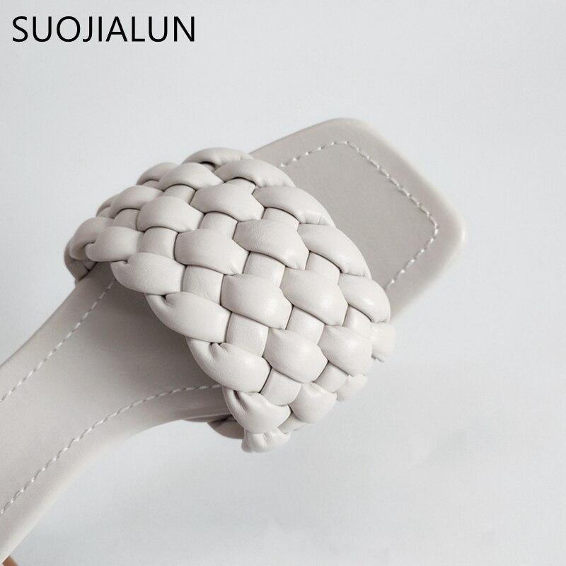 Suojialun merk dames zomer slippers geweven open teen pantoffel vierkante lage hak vrouwelijke strand slippers