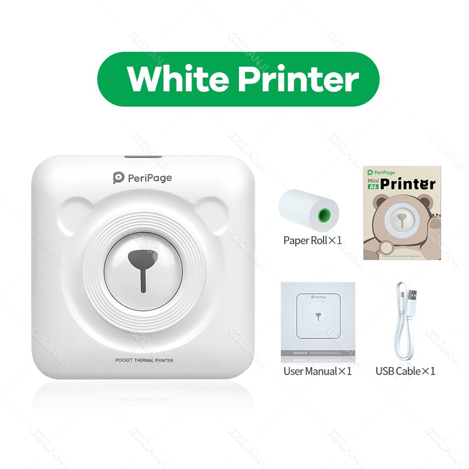 Peripage – Mini-imprimante Photo Portable sans fil A6, 58mm, avec étiquette autocollante et Notes,: White Printer
