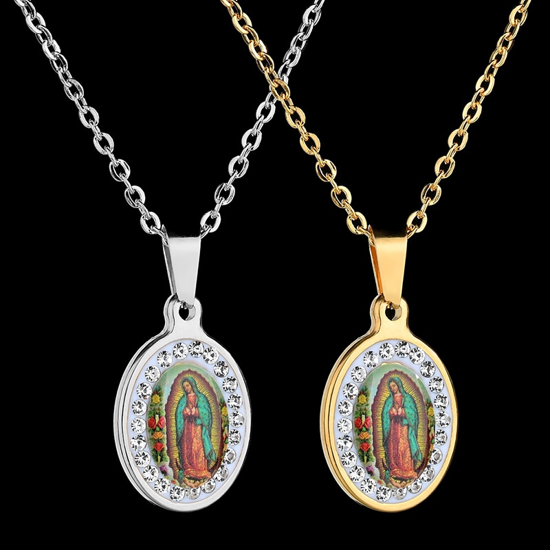 Uzone religiøs jomfru maria vedhæng amulet halskæde rustfrit stål kristne smykker cz sten bøn halskæder til kvinder krave