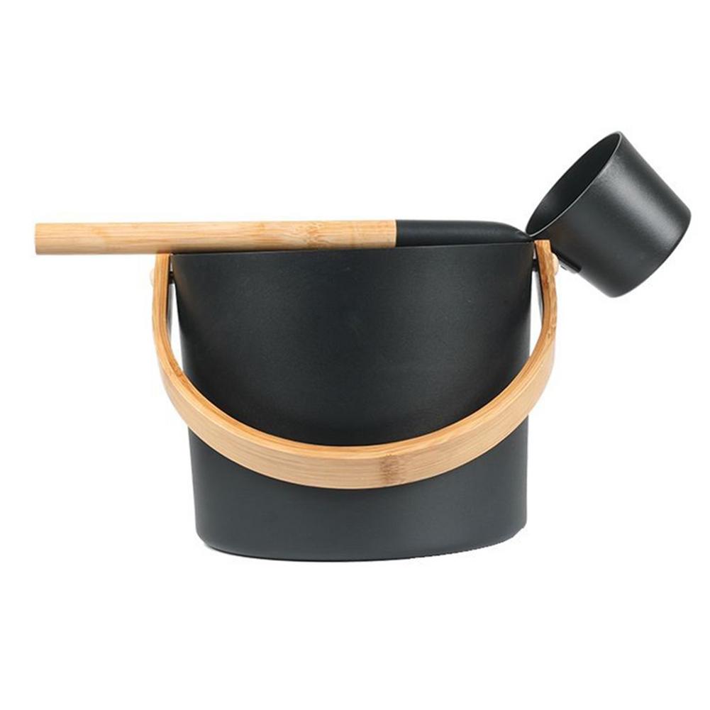 7L Luxurious Finnish Sauna Aluminum Bucket With Long Handle Spoon Set Matching Ladle Sauna Barrel Sauna Spa Accessories: Black