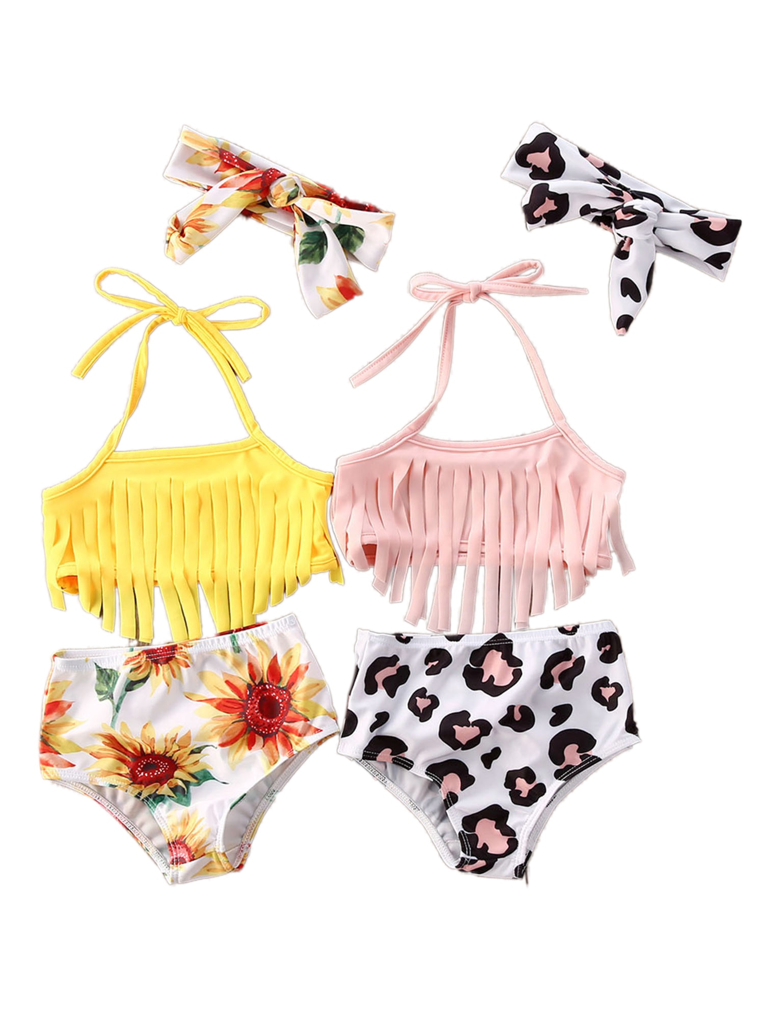 Ensemble de 0-3y maillots de bain pour bébé fille, avec pompons, licou, short, nœud, bandeau, 3 pièces, bikini d'été pour enfants, motif léopard et tournesol