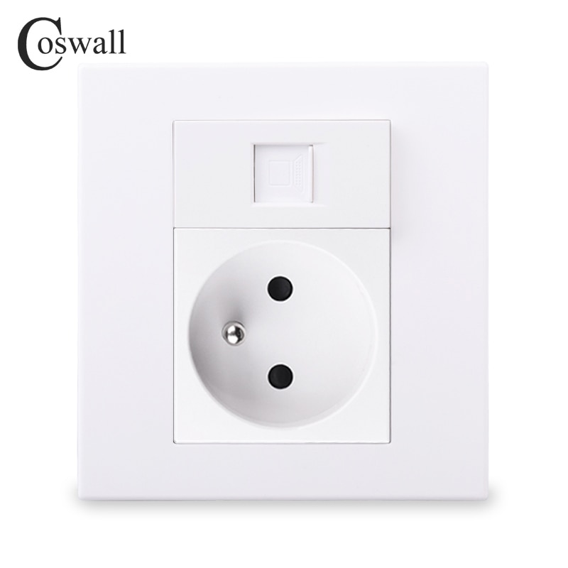 Coswall Pc Panel Franse Standaard Stopcontact + 1 Gang CAT6 RJ45 Internet Computer Data Connector Witte Kleur Modulaire 86*86Mm