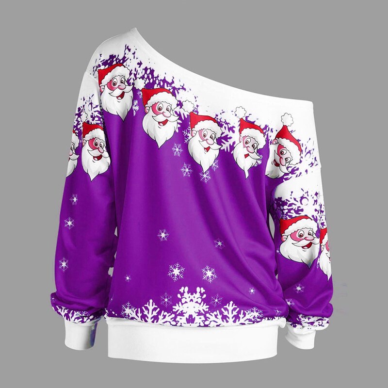 Plus Size Women Sweatshirt Merry Christmas Santa Claus Print Skew Collar Sweatshirt Blouse Xmas Printed Tops Christmas: L / E