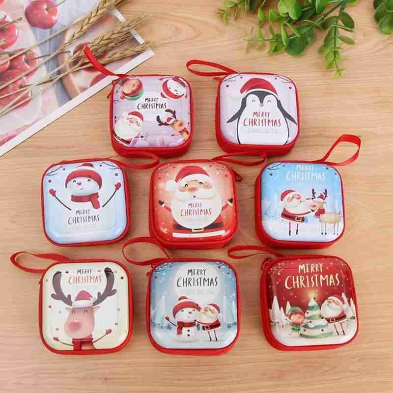 1pc Cartoon Tinplate Xmas Candy Bag Square Round Christmas Candy Bag Purse Year Navidad Tinplate Square Xmas Candy Bag